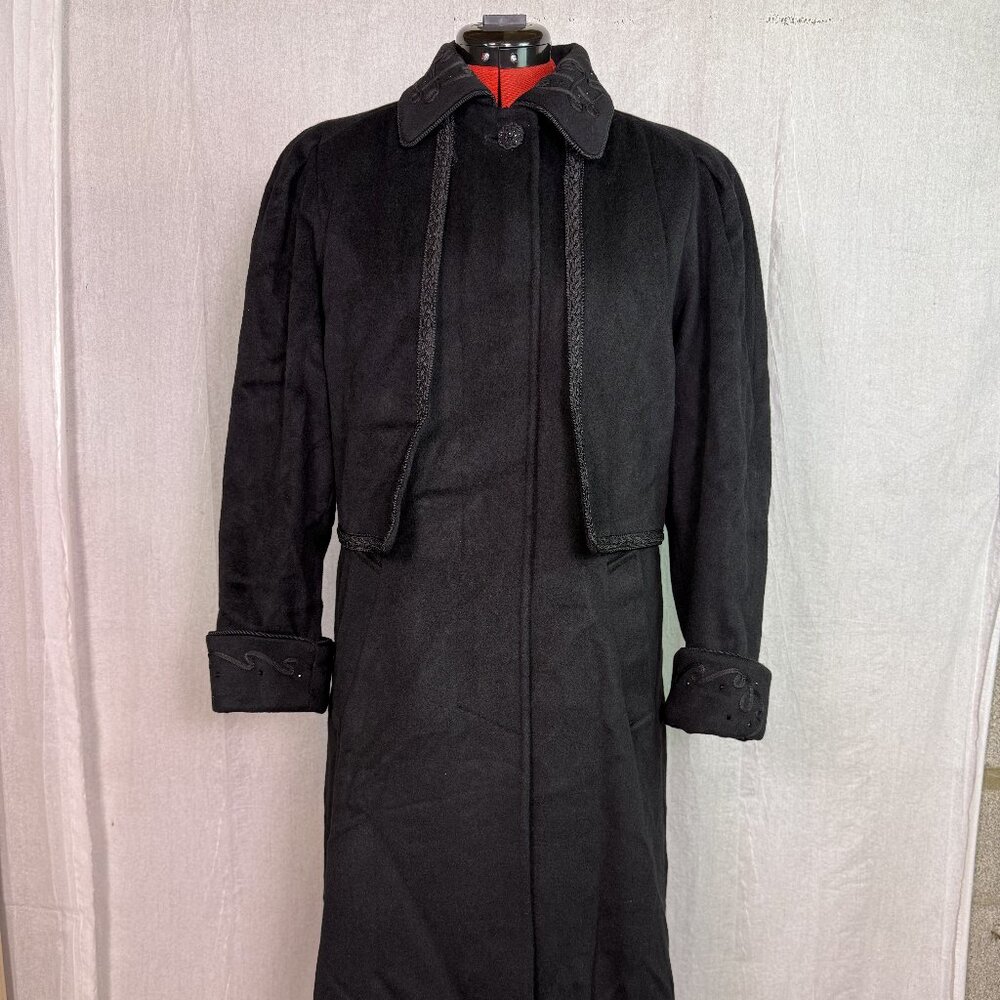 Vtg Lorovi Black Wool Coat Cape Collar Trim Elegant Overcoat Check Measurements